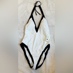 NWOT Trina Turk White with Black Trim One Piece Halter Swimsuit - Size 12